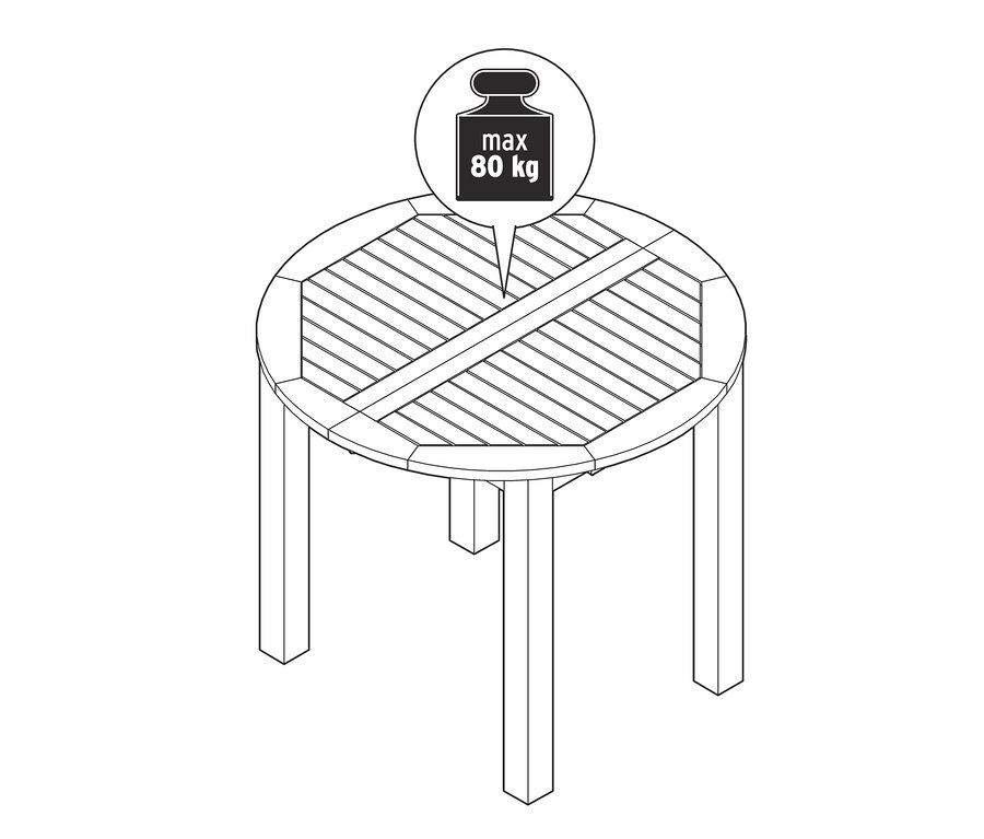Illustration d'une table ronde extensible avec une capacité de charge maximale de 80 kg.