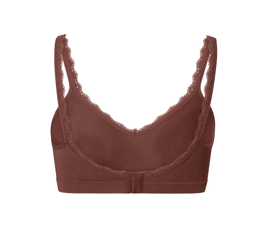 Vue détaillée d'un soutien-gorge doux Seamless marron avec bordure en dentelle.