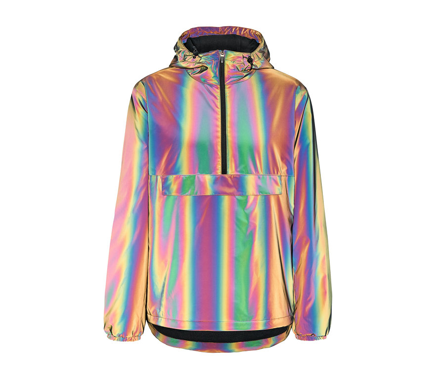 Coupe-vent Rainbow Reflective avec capuche et fermeture éclair noire.