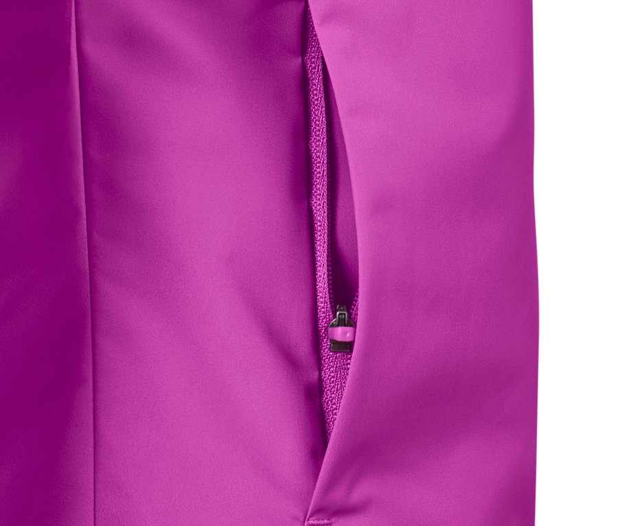 Détail d'une veste de course coupe-vent rose baie fluo avec poche zippée.