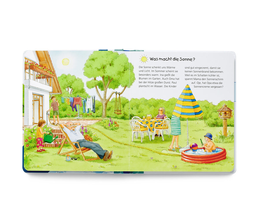 Illustration d'une famille à l'extérieur ; une fille arrose des fleurs, un homme est allongé détendu sur une chaise longue, un garçon joue dans l'eau. Livre : « Sonne, Wind und Regen » (Soleil, vent et pluie).