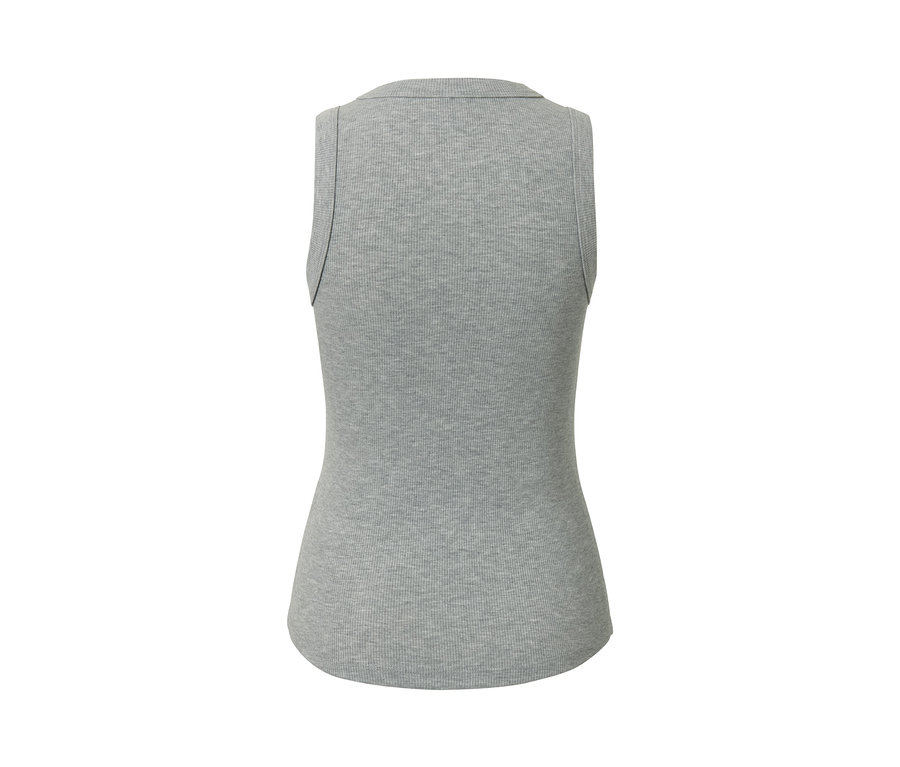 Vue détaillée de dos d'un top de sport gris clair chiné.