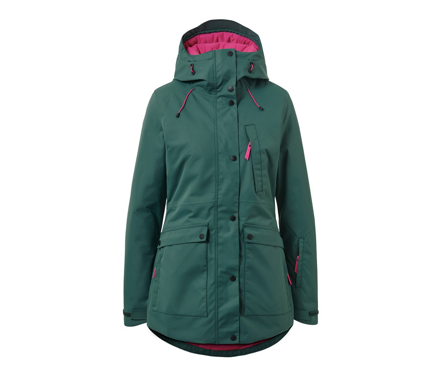 Veste de ski et de snowboard verte avec capuche et doublure rose.