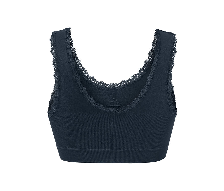 Vue détaillée d'une brassière sans coutures bleue avec de la dentelle.