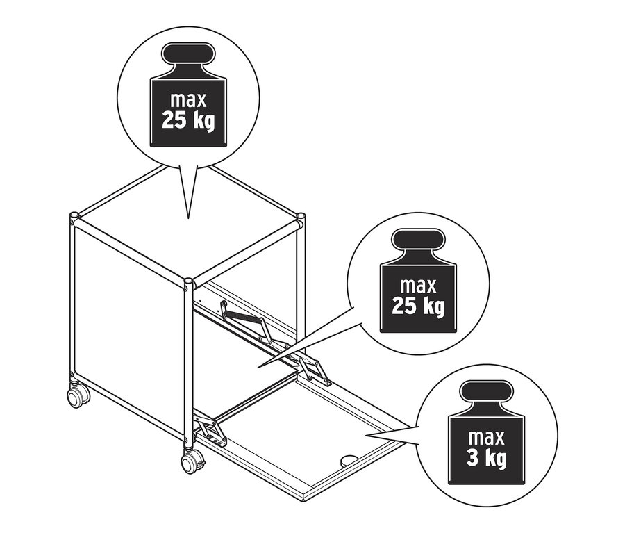 Illustration d'une table d'appoint avec tiroir en métal « CN3 » avec tiroir ouvert et indication de la charge maximale.
