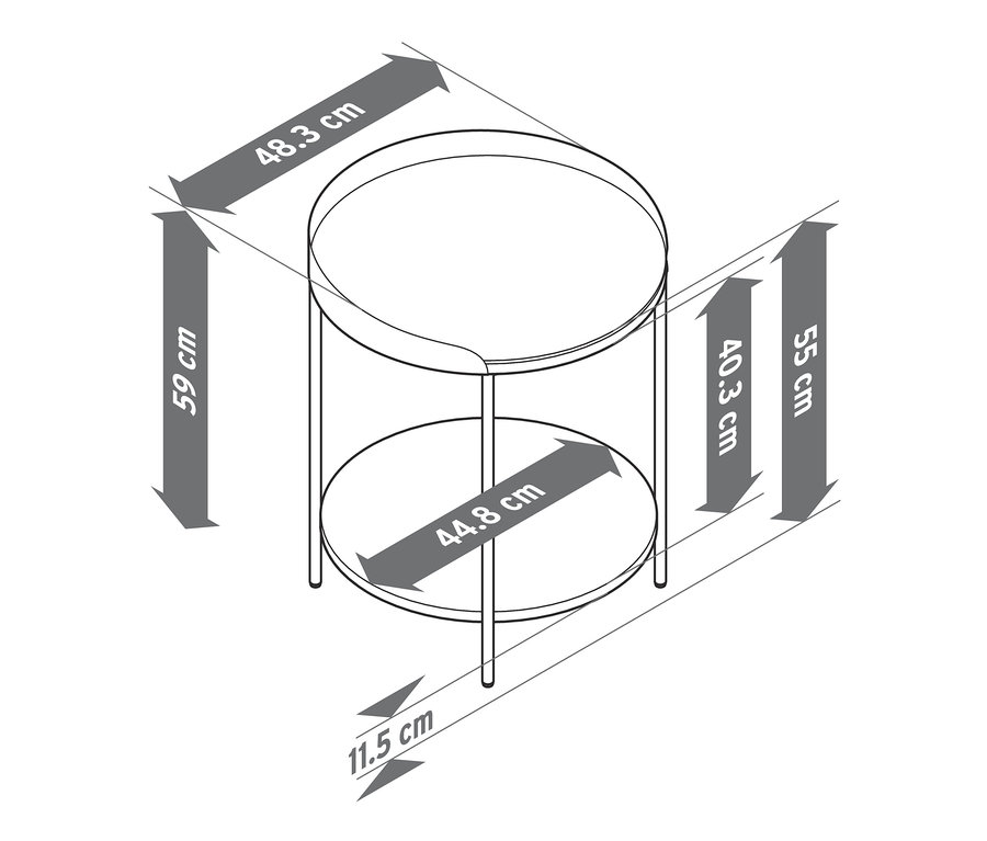 Schéma d'une table basse avec plateau en céramique aspect marbre et dimensions.