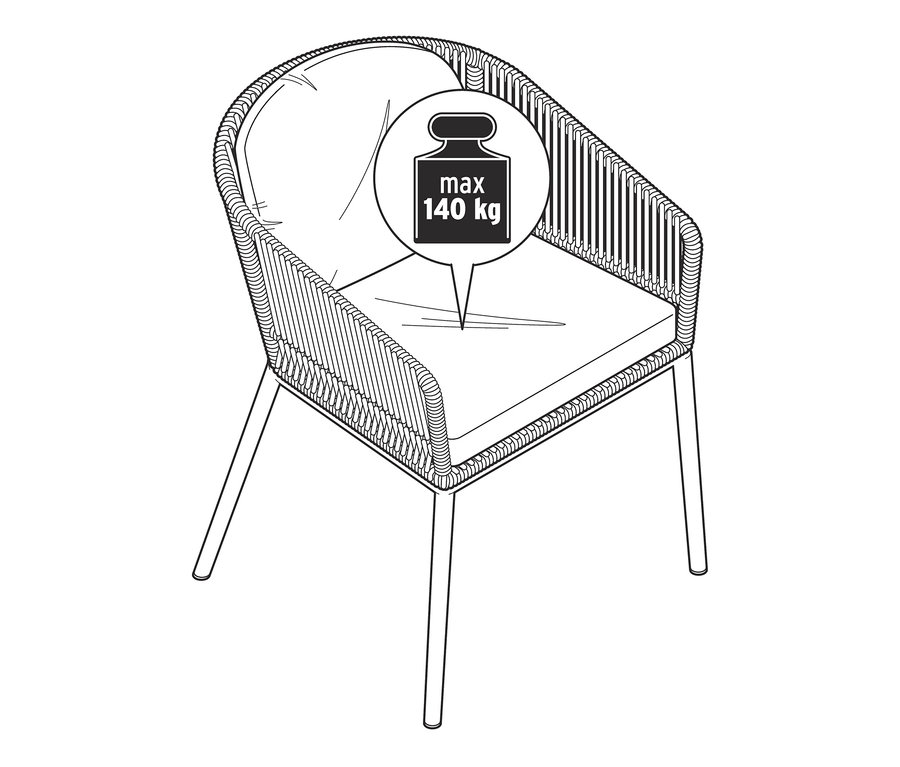 Illustration d'un fauteuil pour table à manger avec tressage textile et dossier arrondi. Poids maximum supporté 140 kg.