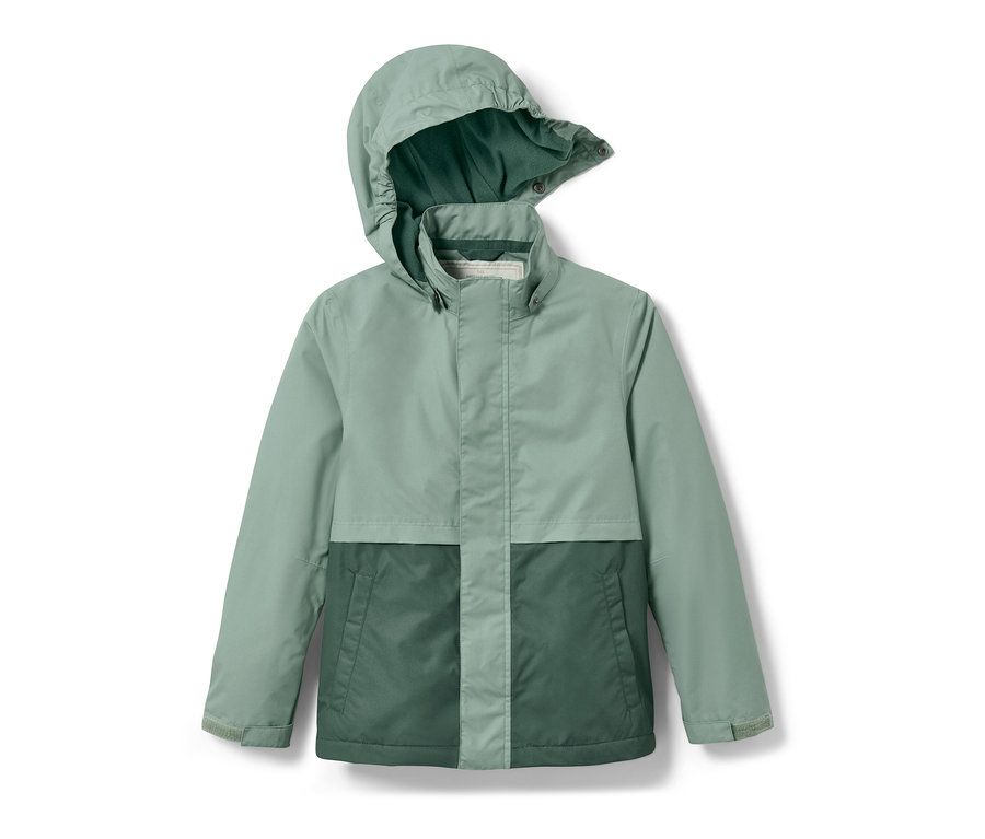 Veste polyvalente verte pour enfant avec capuche.