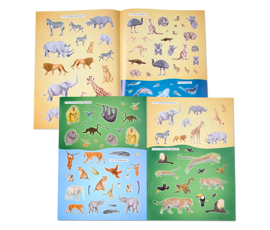 Livre d'autocollants ouvert «Faszinierende Stickerwelt – wilde Tiere» (Monde fascinant en autocollants – animaux sauvages, en allemand) avec des images d'animaux.