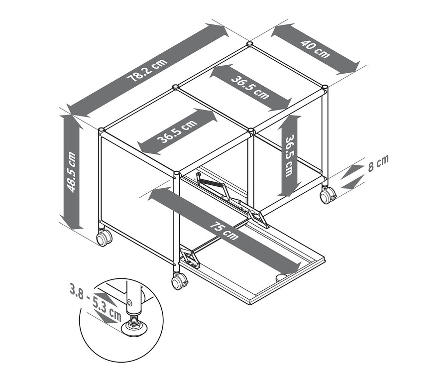 Illustration d'une table d'appoint métallique blanche « CN3 » avec un abattant et des roulettes, présentée en perspective avec des indications de dimension.