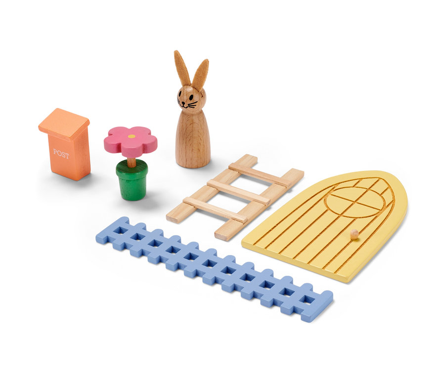 Set porte de lutin de Pâques : lutin en bois, porte, échelle, clôture, fleur et boîte aux lettres.