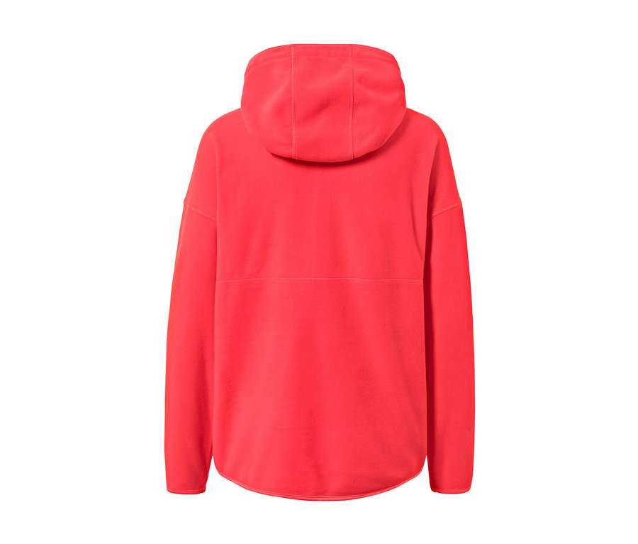 Vue arrière d'un pull en polaire rouge à capuche.