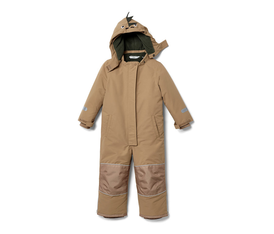 Une combinaison de neige marron pour enfant avec une capuche à motif de dinosaure.