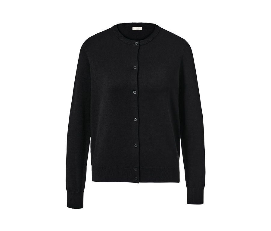 Cardigan en maille fine noir avec encolure ras du cou et boutons.