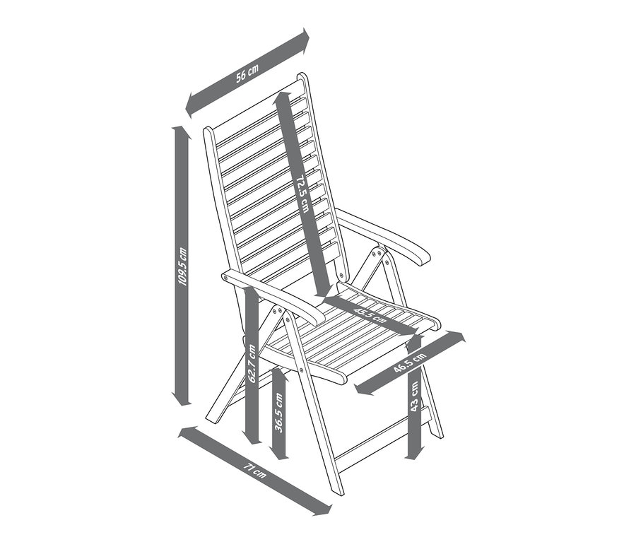 Un croquis d'une chaise haute en teck avec dossier réglable et dimensions mises en évidence.