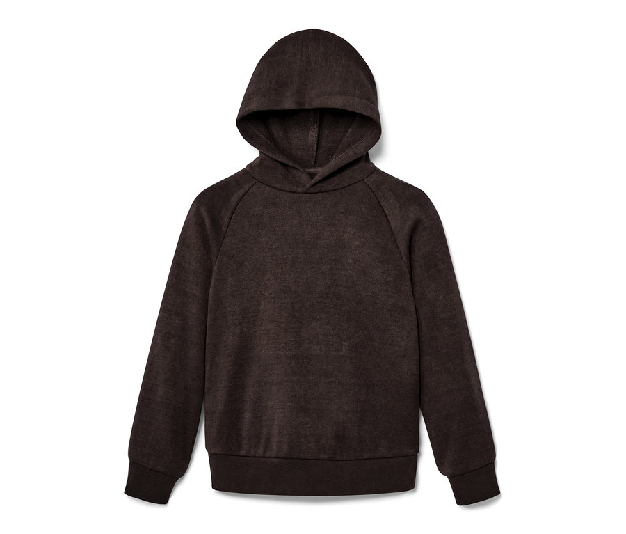 Un sweat à capuche en maille marron pour enfant est posé sur un fond blanc.