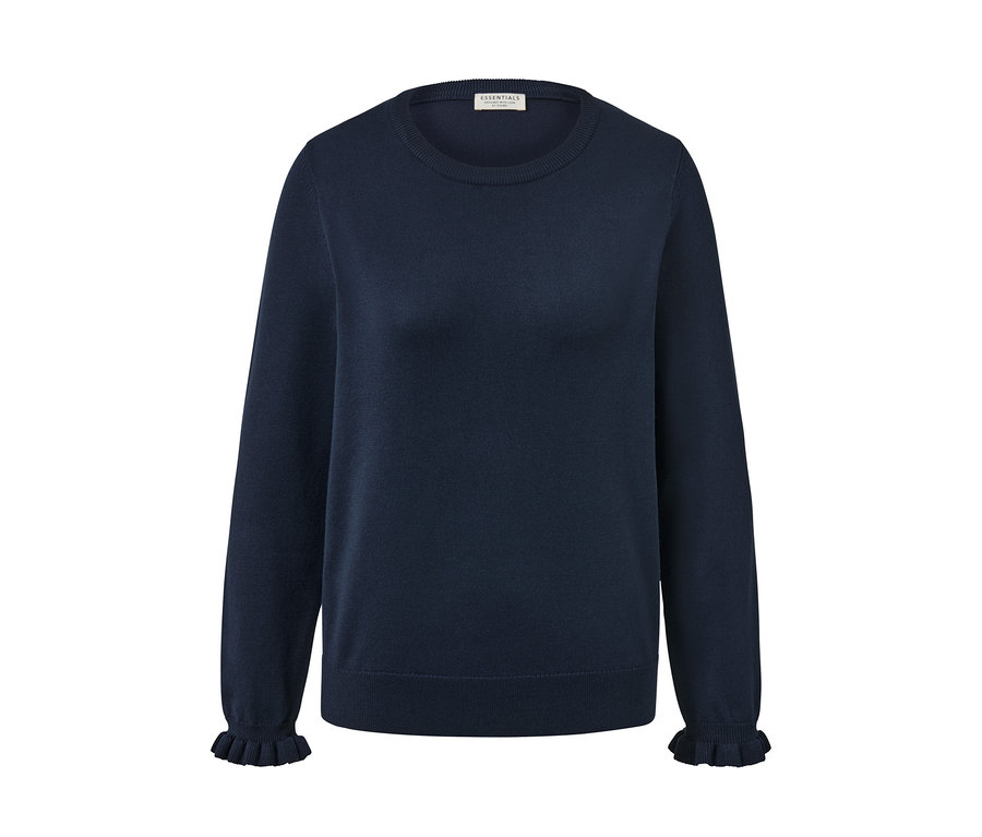 Pull en maille fine bleu foncé avec poignets ruchés.