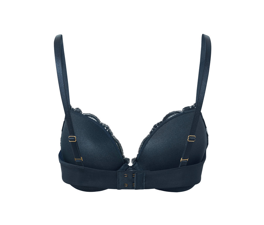 Vue détaillée de l'arrière d'un soutien-gorge push-up bleu marine avec de la dentelle.