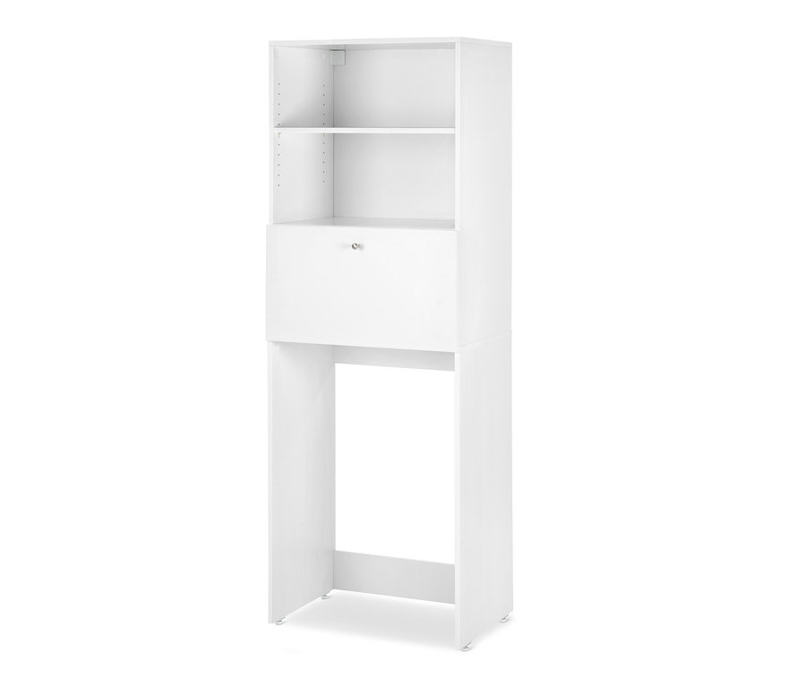 Armoire blanche pour lave-linge avec surface de travail rabattable.