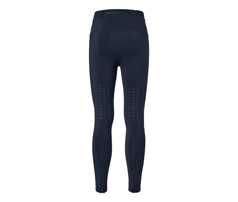 Legging de sport bleu marine vu de dos avec motif géométrique et fermetures éclair aux chevilles.