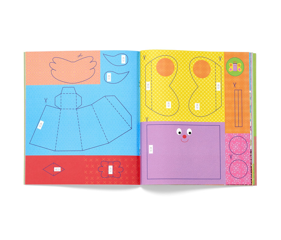Livre ouvert avec des illustrations colorées et des formes à découper, probablement du livre « Das Verbastelbuch für die Allerkleinsten – Ostern » (en Allemand).