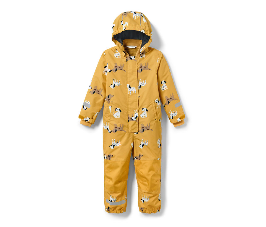 Combinaison de pluie jaune avec motif de chiens.