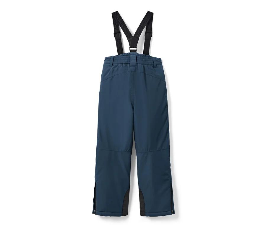 Pantalon de ski bleu marine pour enfant avec bretelles noires réglables.