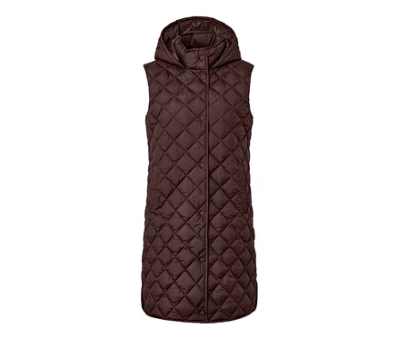 Long gilet sans manches matelassé marron avec capuche.