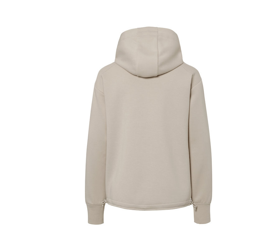 Cardigan molletonné à capuche beige, vu de dos.