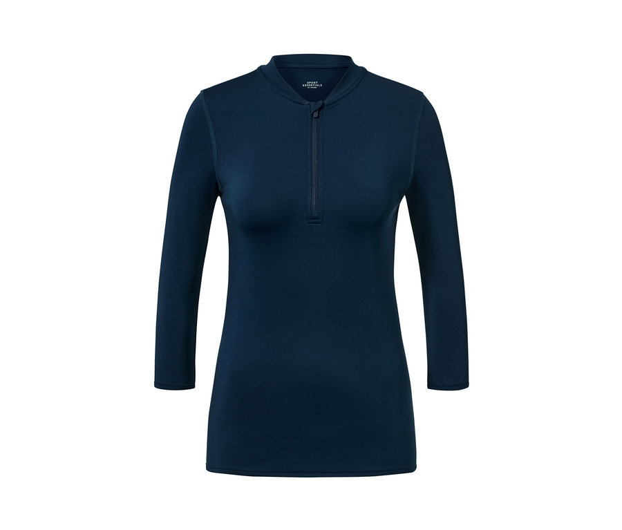 T-shirt de sport bleu marine à manches longues avec protection UV et fermeture éclair.