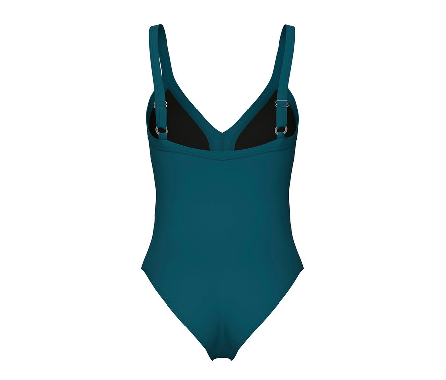 Vue détaillée de dos du maillot de bain sculptant pour femme Lara C-Cup arena en pétrole.