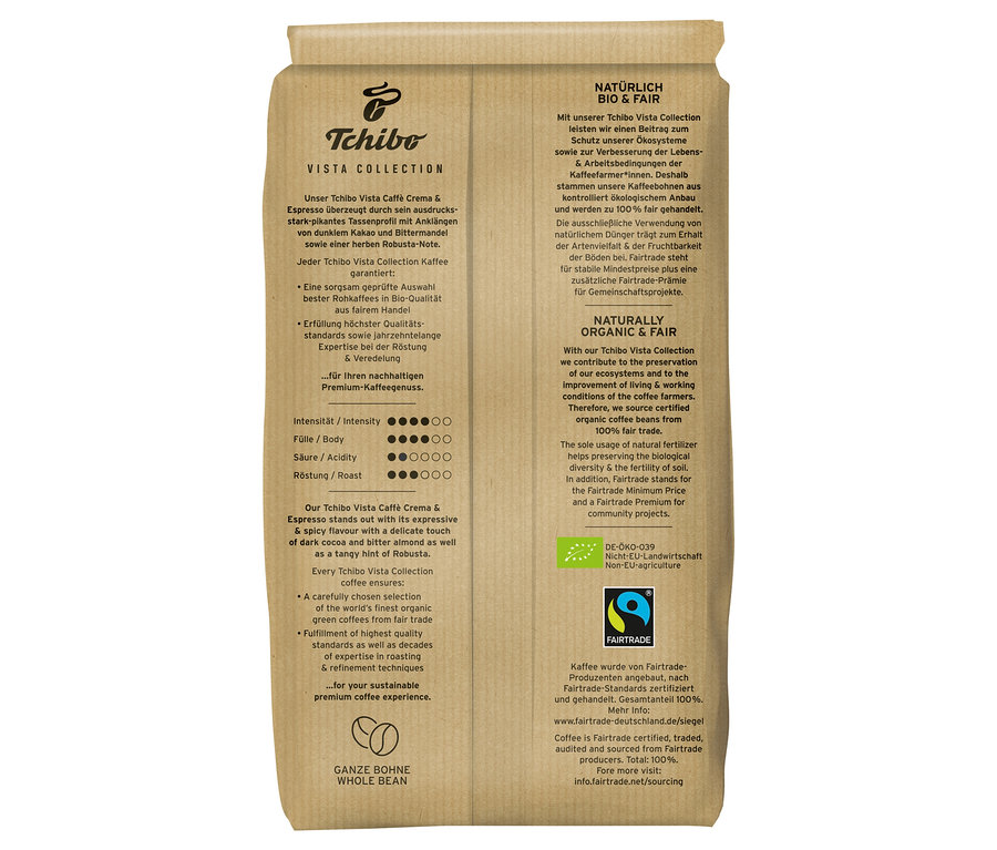 Un paquet de café Tchibo Vista Collection Bio Caffé Crema & Espresso en grains – 1x 1 kg.