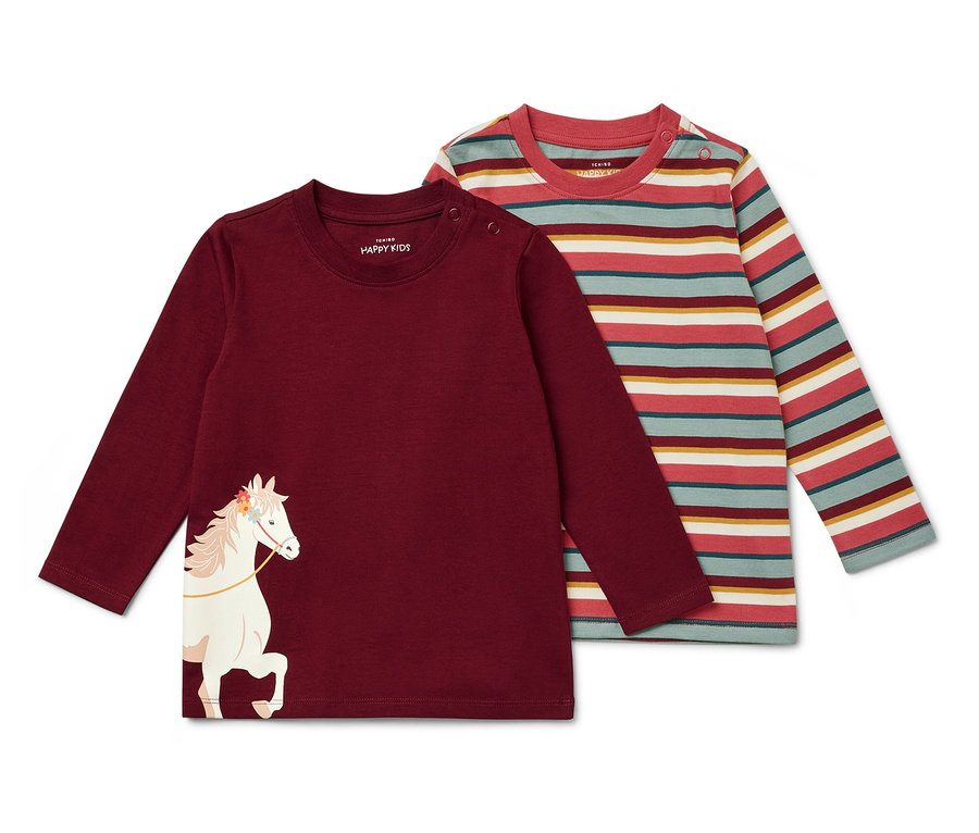 Deux t-shirts à manches longues pour enfants : un bordeaux avec un cheval et un rayé.