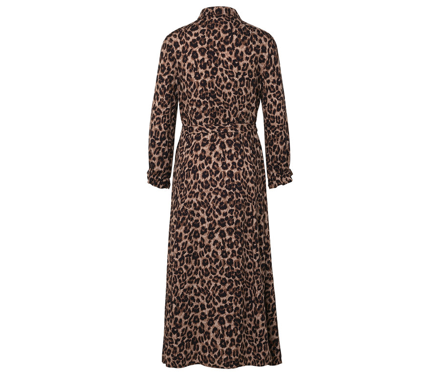 Vue arrière d'une robe longue à motif animalier et manches longues.