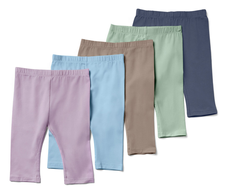 Cinq paires de leggings pour enfants dans les couleurs violet, bleu, marron, vert et bleu foncé.