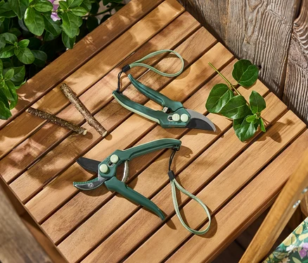 Deux sécateurs reposent sur une table en bois à côté de feuilles et de branches.