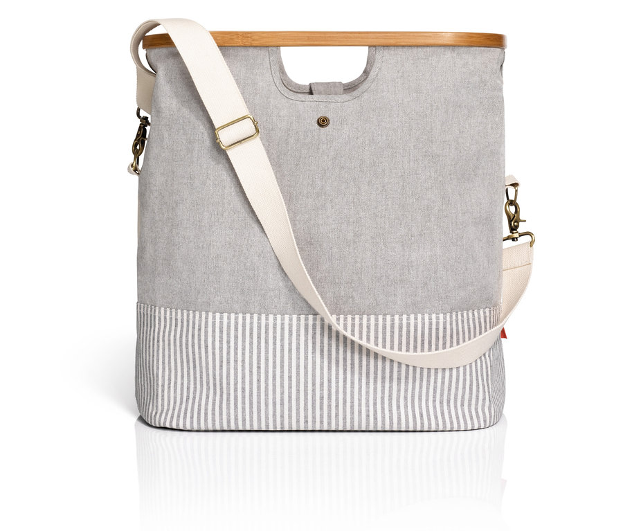 Sac gris Prym Aufbewahrungstasche Nähmaschine avec une sangle blanche.