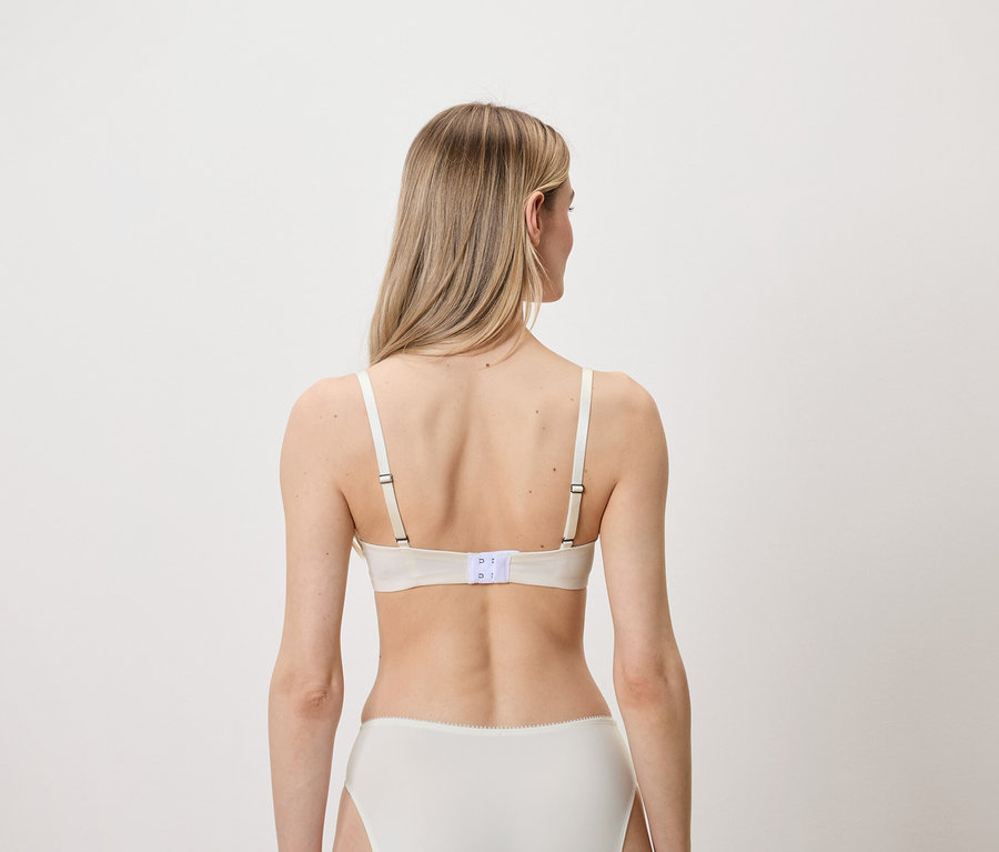 Vue arrière d'une femme blonde portant un soutien-gorge et une culotte blancs.