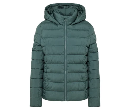 Veste matelassée à capuche turquoise.