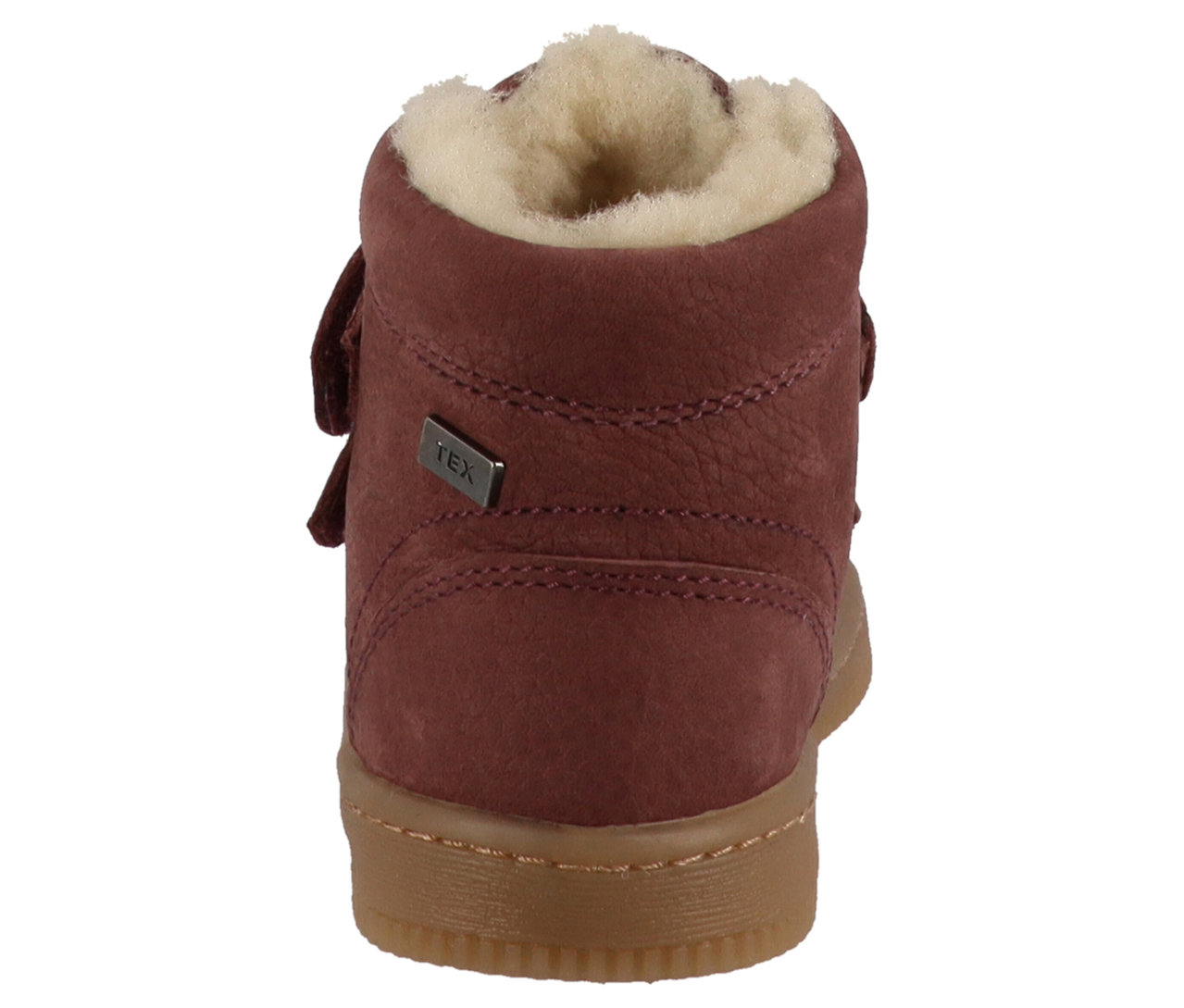 Détail de l'arrière de la chaussure Lurchi Felix Barefoot-TEX de couleur baie sauvage avec une semelle marron et une doublure en fourrure beige.
