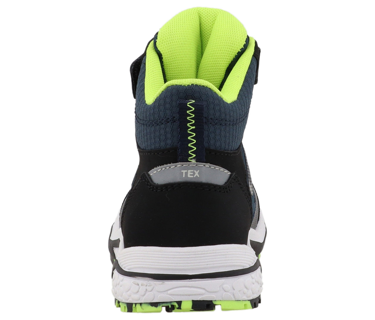 Vue arrière de la bottine LURCHI »Leonard-TEX« avec talon noir, semelle blanche et intérieur vert néon.