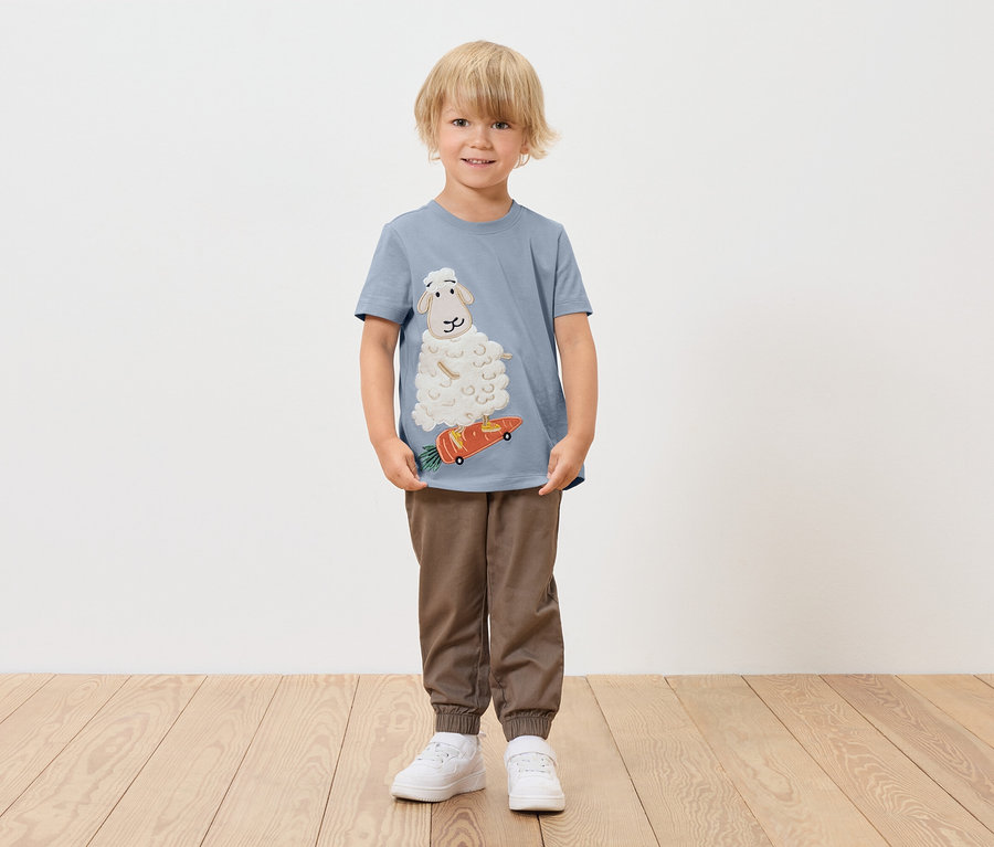 Garçon portant un t-shirt bleu avec un mouton sur un skateboard carotte.