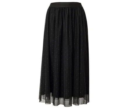 Une longue jupe noire en tulle avec une taille élastique et de délicats détails argentés.