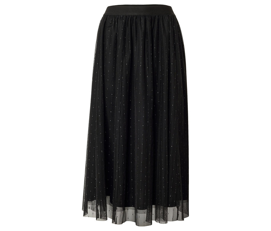 Une longue jupe noire en tulle avec une taille élastique et de délicats détails argentés.