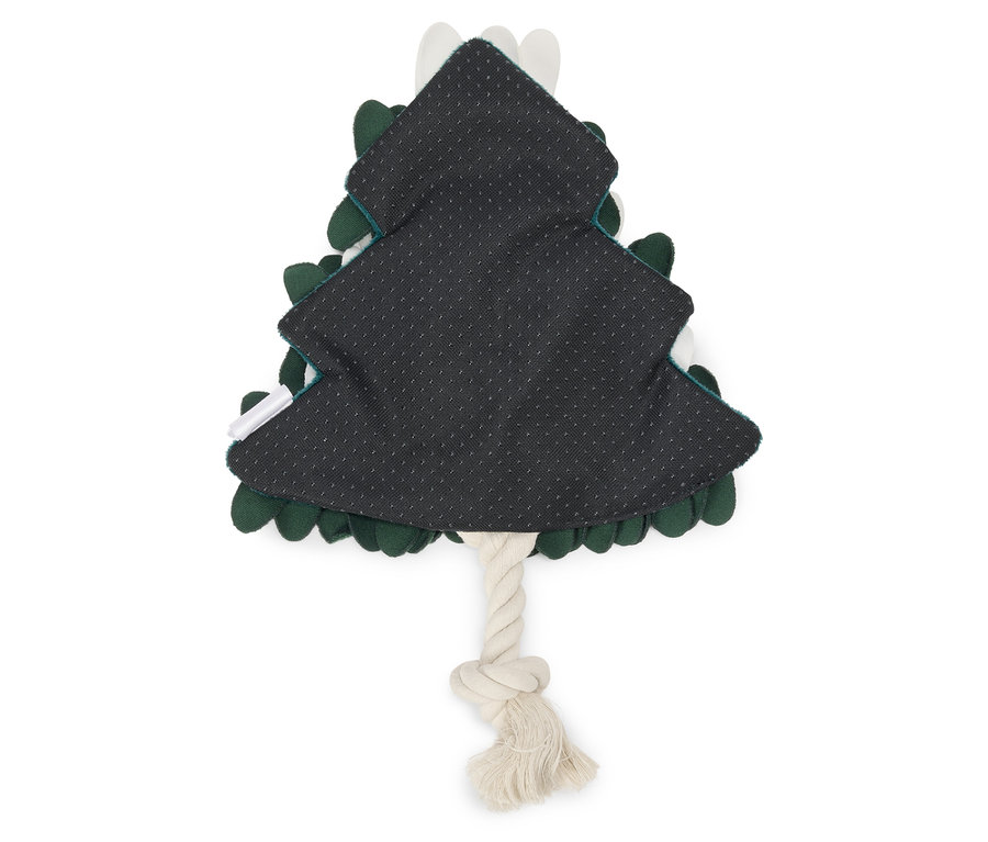 Jouet pour chien en forme de sapin de Noël avec une corde.
