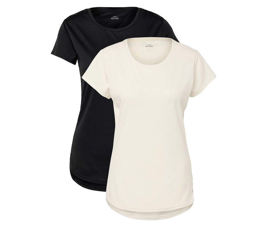 Deux t-shirts à manches courtes, un noir et un crème, sont placés l'un à côté de l'autre.