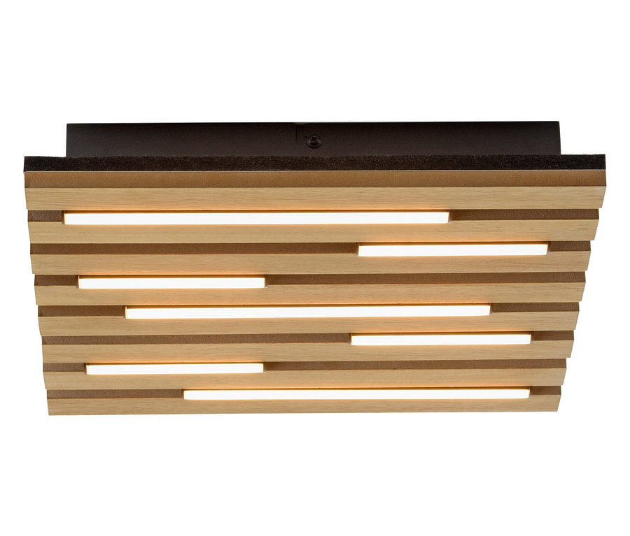Plafonnier en bois avec des lamelles horizontales et des bandes lumineuses.