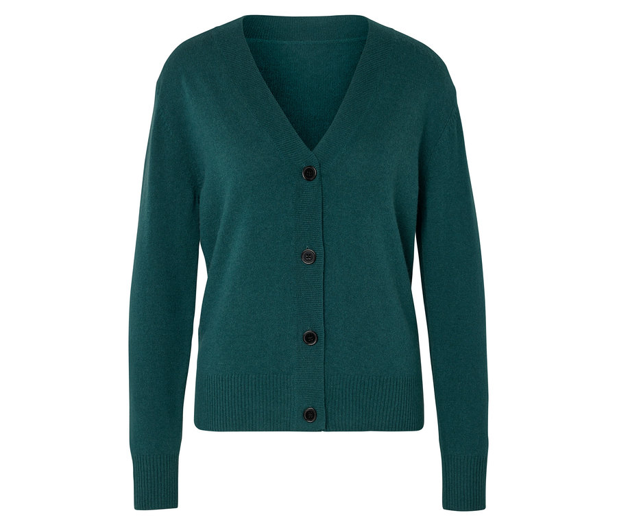 Cardigan en tricot vert avec encolure en V et boutons.