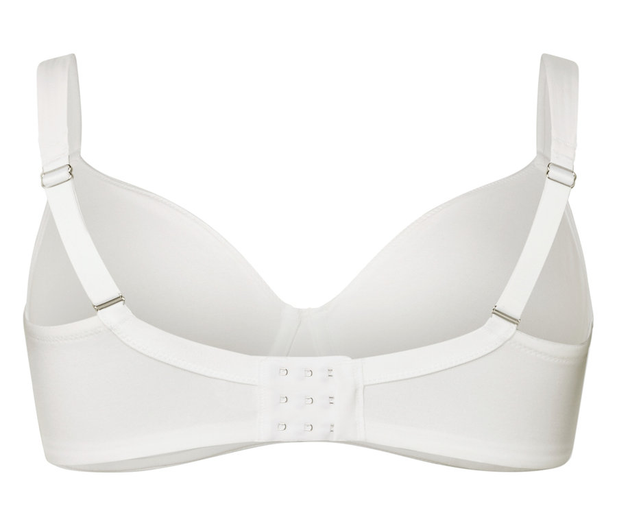 Vue arrière d'un soutien-gorge à armatures blanc avec bretelles réglables et fermeture à agrafes.