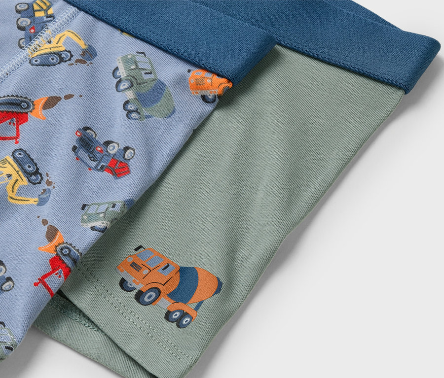 Deux paires de sous-vêtements pour enfants. Une bleu clair avec un motif d'engins de chantier, l'autre verte avec une image de bétonnière.